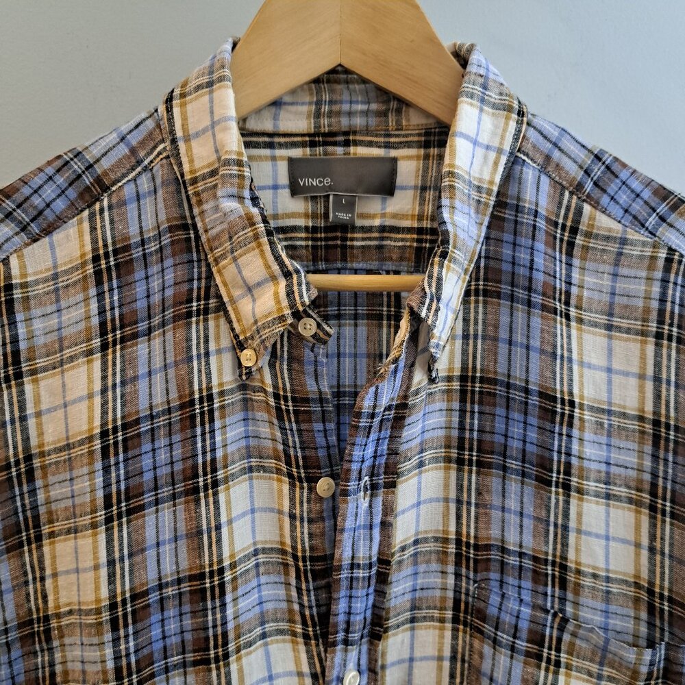Vince Men's Large 100% Linen Long Sleeve Button Down Plaid Shirt Style M13081062 - Picture 1 of 15